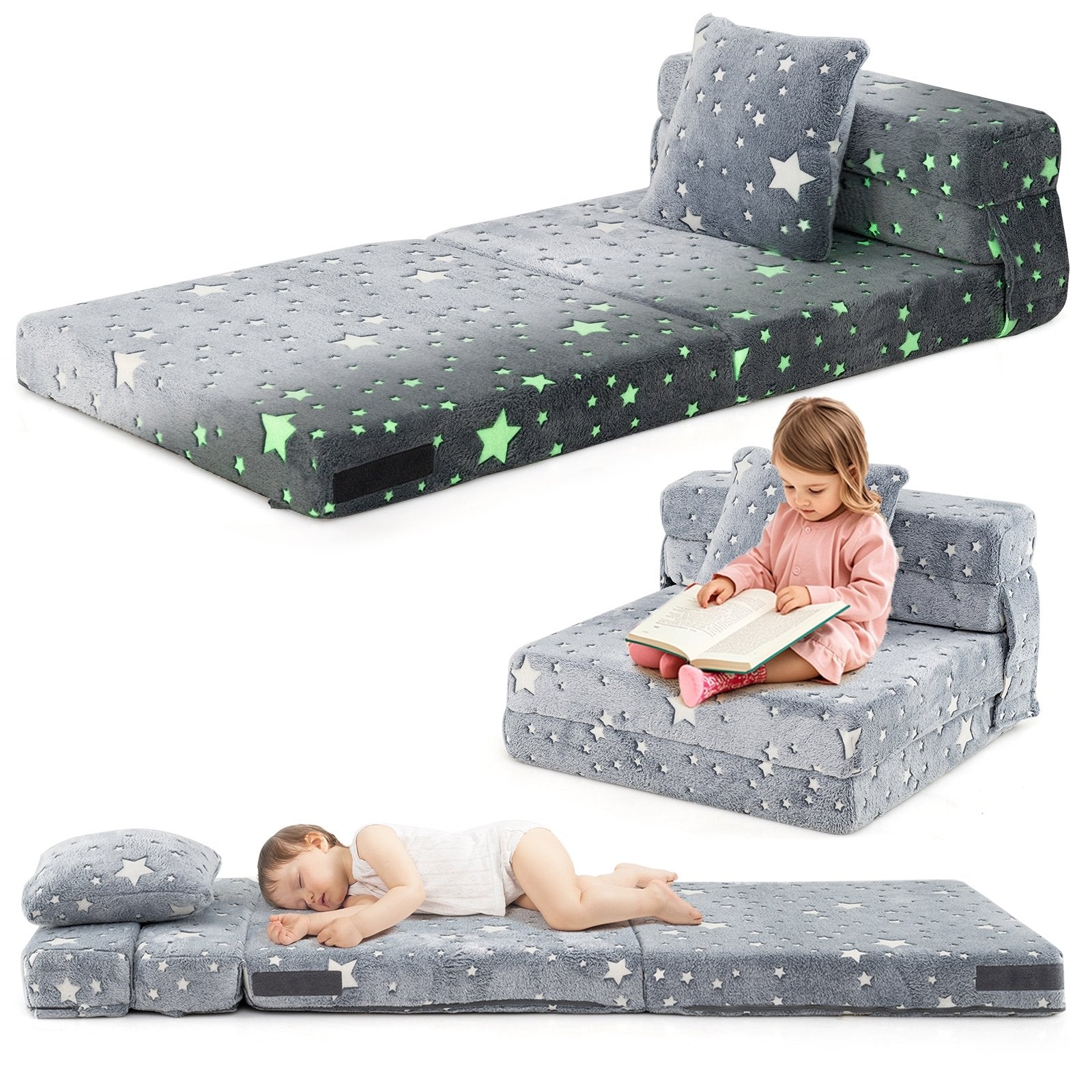 Kids Folding Sofa Bed Floor Mattress Glow in the Dark with Pillow, Gray Kids Chairs & Seating at Gallery Canada