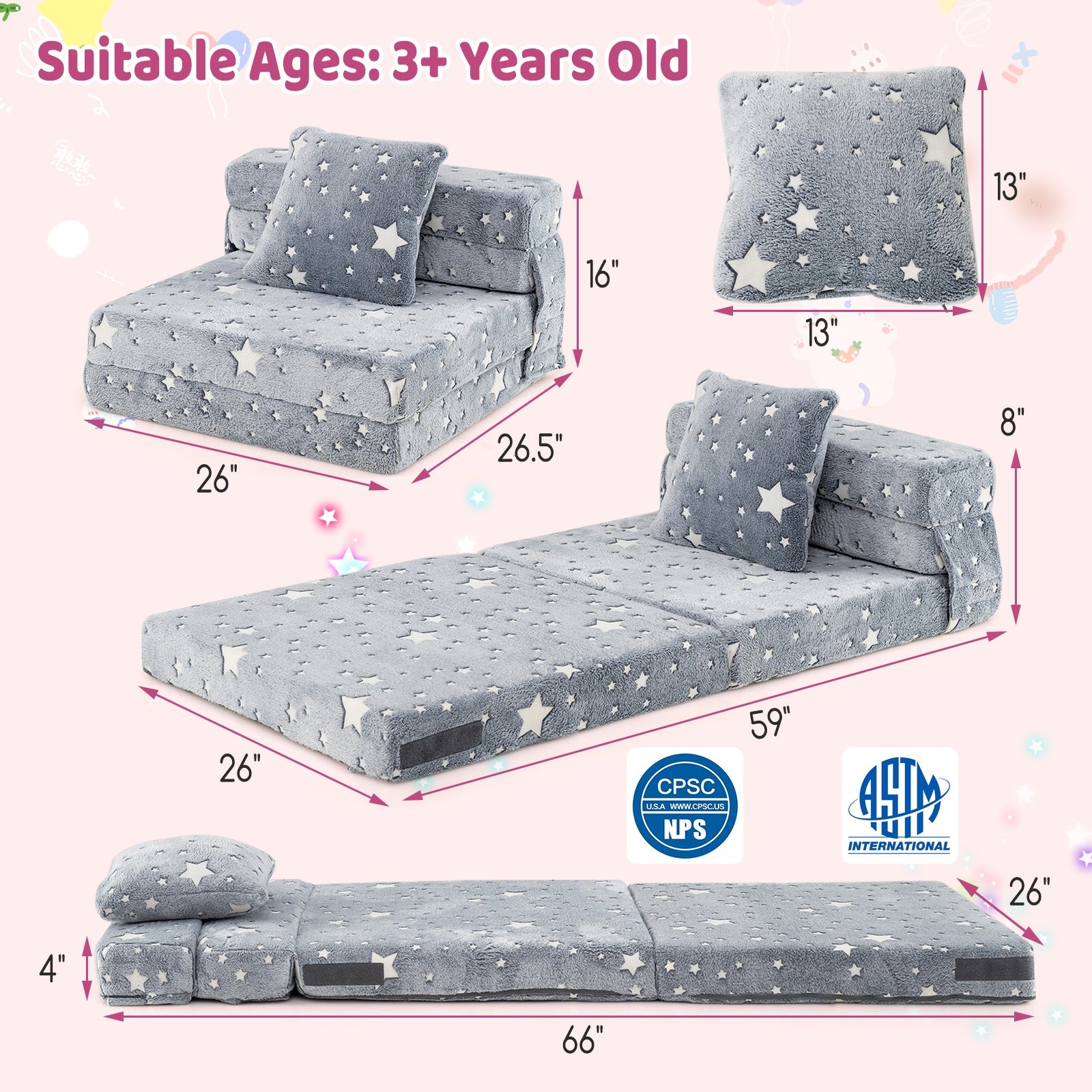 Kids Folding Sofa Bed Floor Mattress Glow in the Dark with Pillow, Gray Kids Chairs & Seating at Gallery Canada