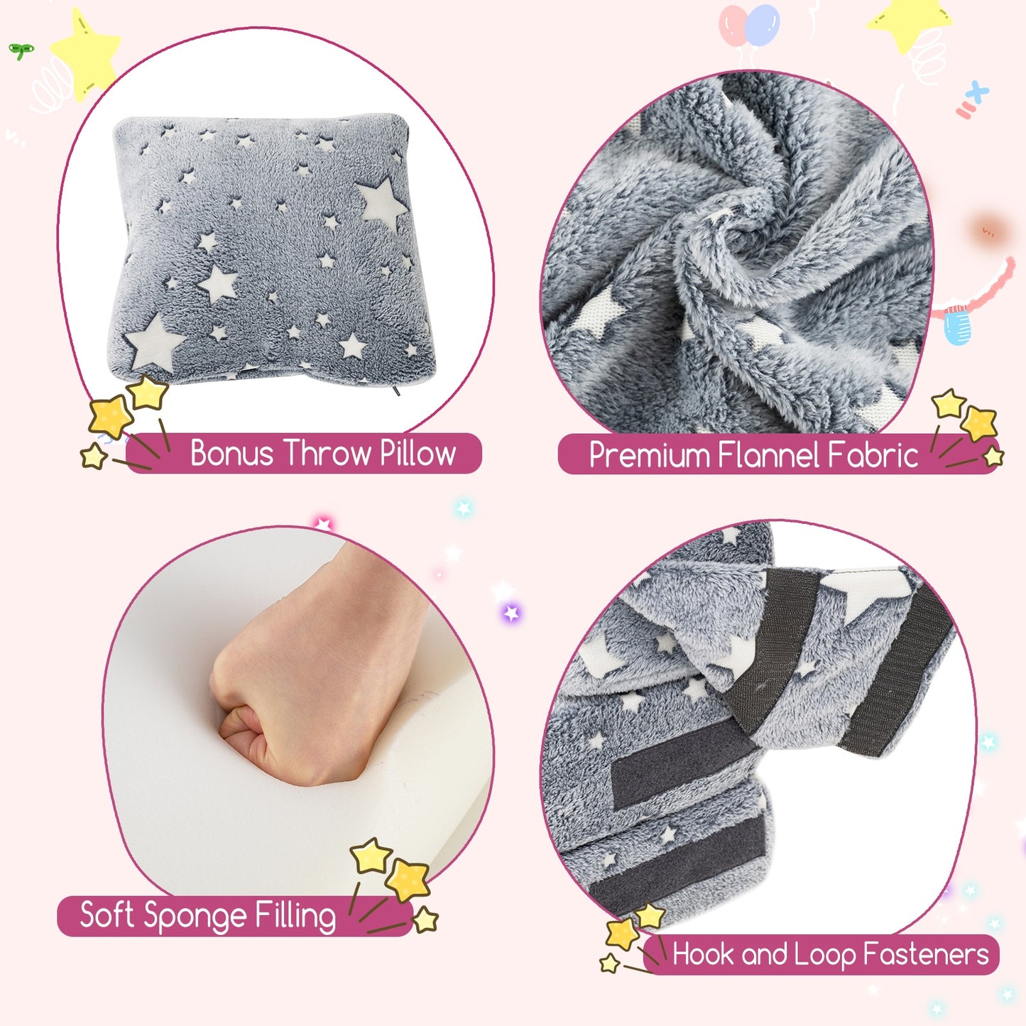 Kids Folding Sofa Bed Floor Mattress Glow in the Dark with Pillow, Gray Kids Chairs & Seating at Gallery Canada