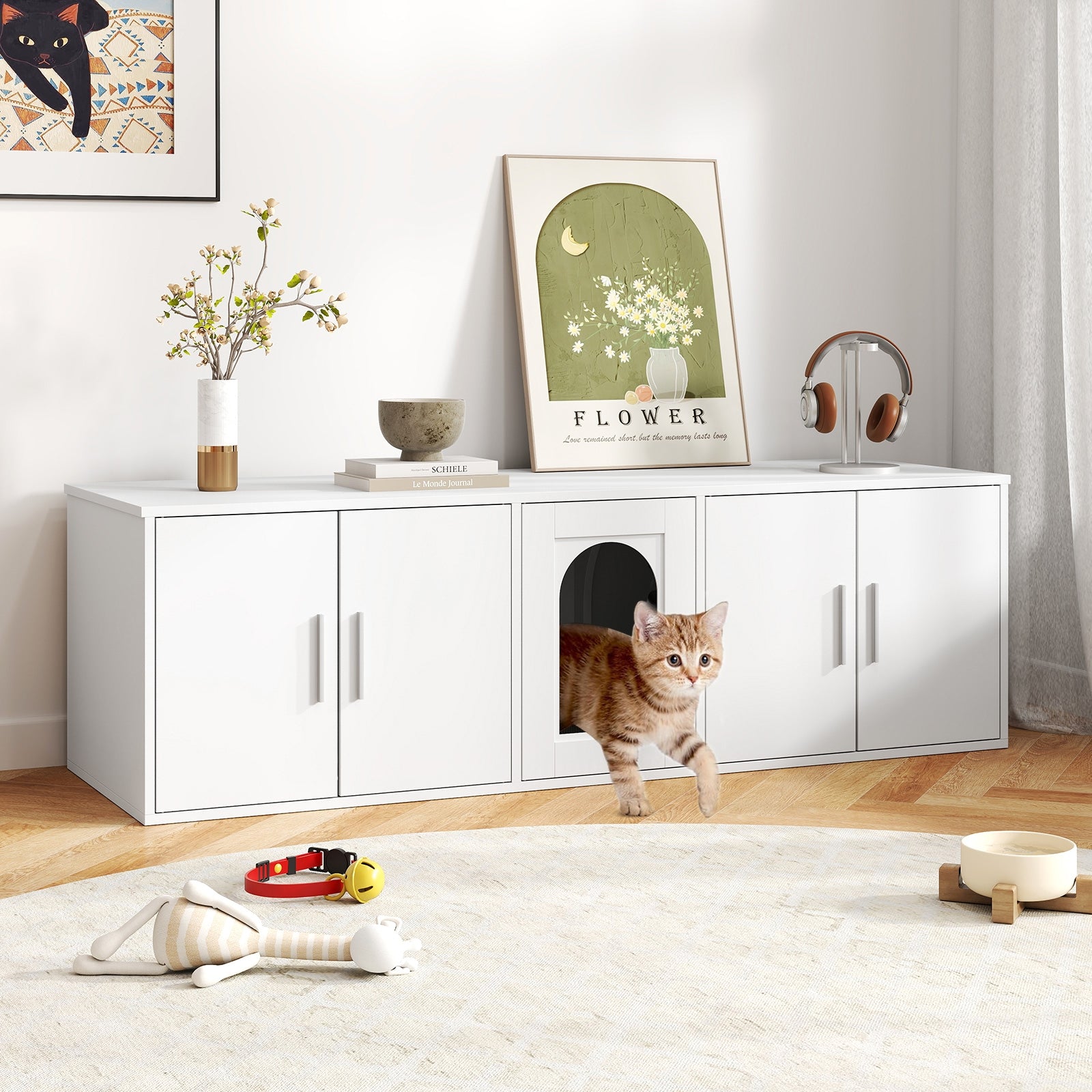 Cat Litter Box Enclosure for 2 Cats with Double Rooms and Sisal Scratching Mat, White Cat Houses at Gallery Canada