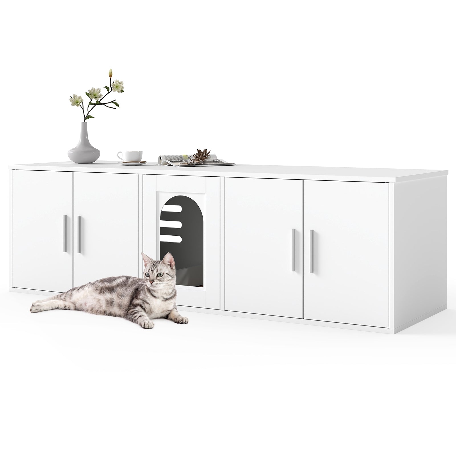 Cat Litter Box Enclosure for 2 Cats with Double Rooms and Sisal Scratching Mat, White Cat Houses at Gallery Canada