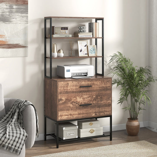 Freestanding File Cabinet with Charging Station and 3-Tier Open Shelves, Rustic Brown - Gallery Canada