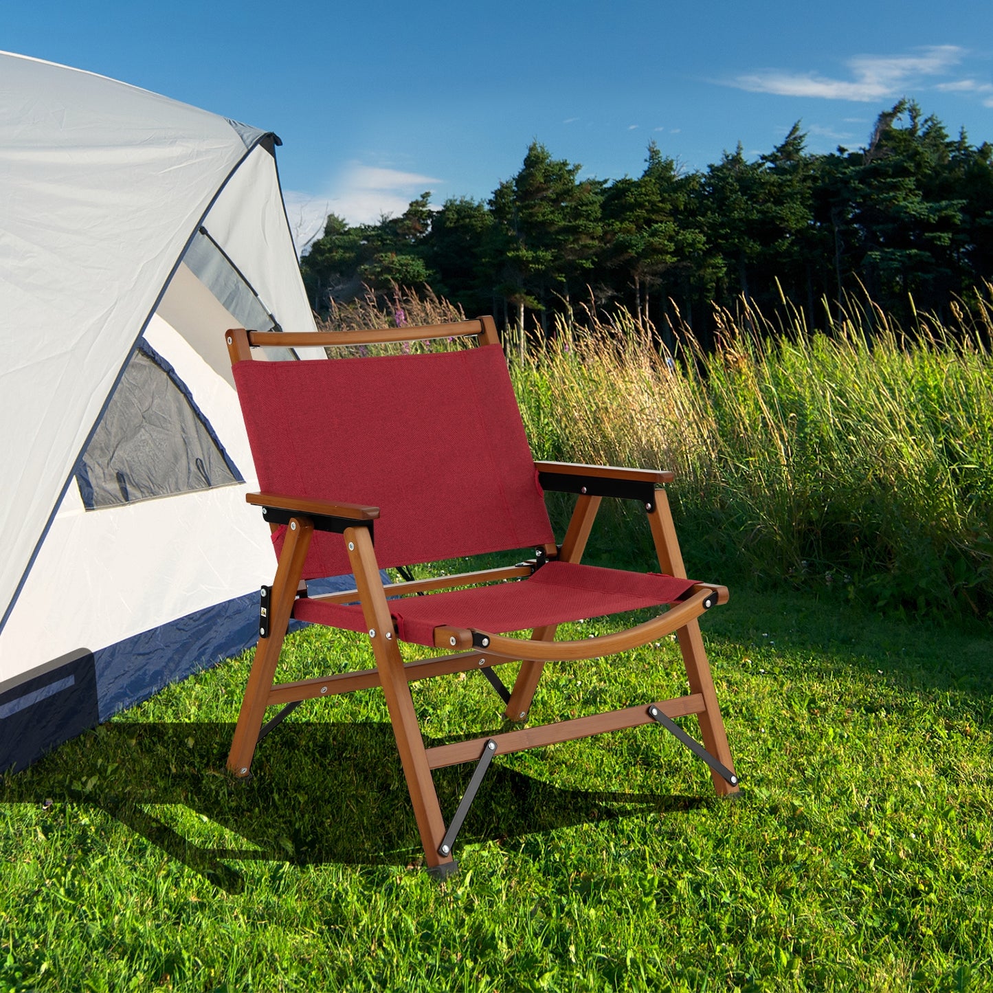 2 Patio Folding Beach Chair, Solid Bamboo Frame, Red Camping Furniture at Gallery Canada