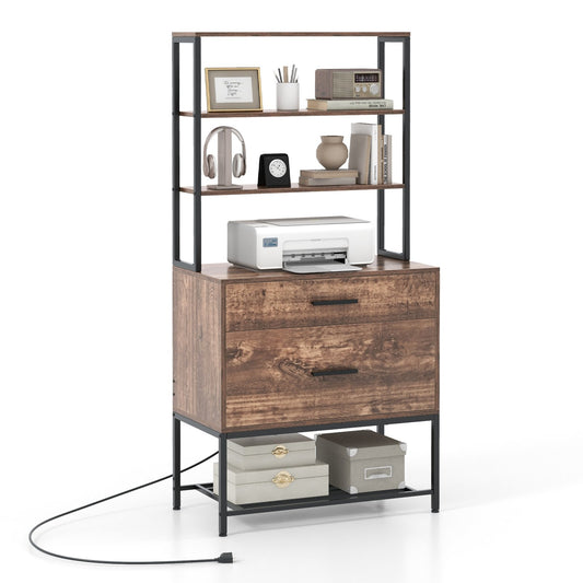 Freestanding File Cabinet with Charging Station and 3-Tier Open Shelves, Rustic Brown