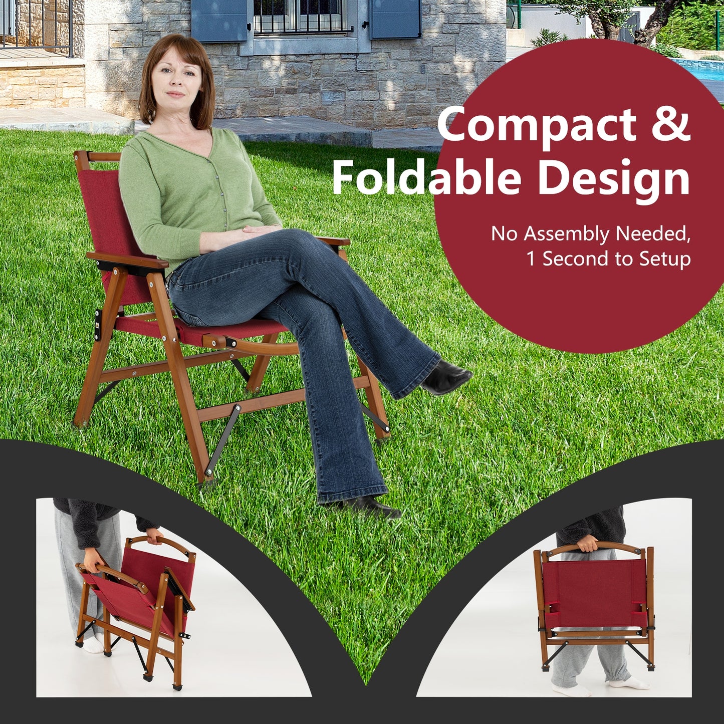 2 Patio Folding Beach Chair, Solid Bamboo Frame, Red Camping Furniture at Gallery Canada