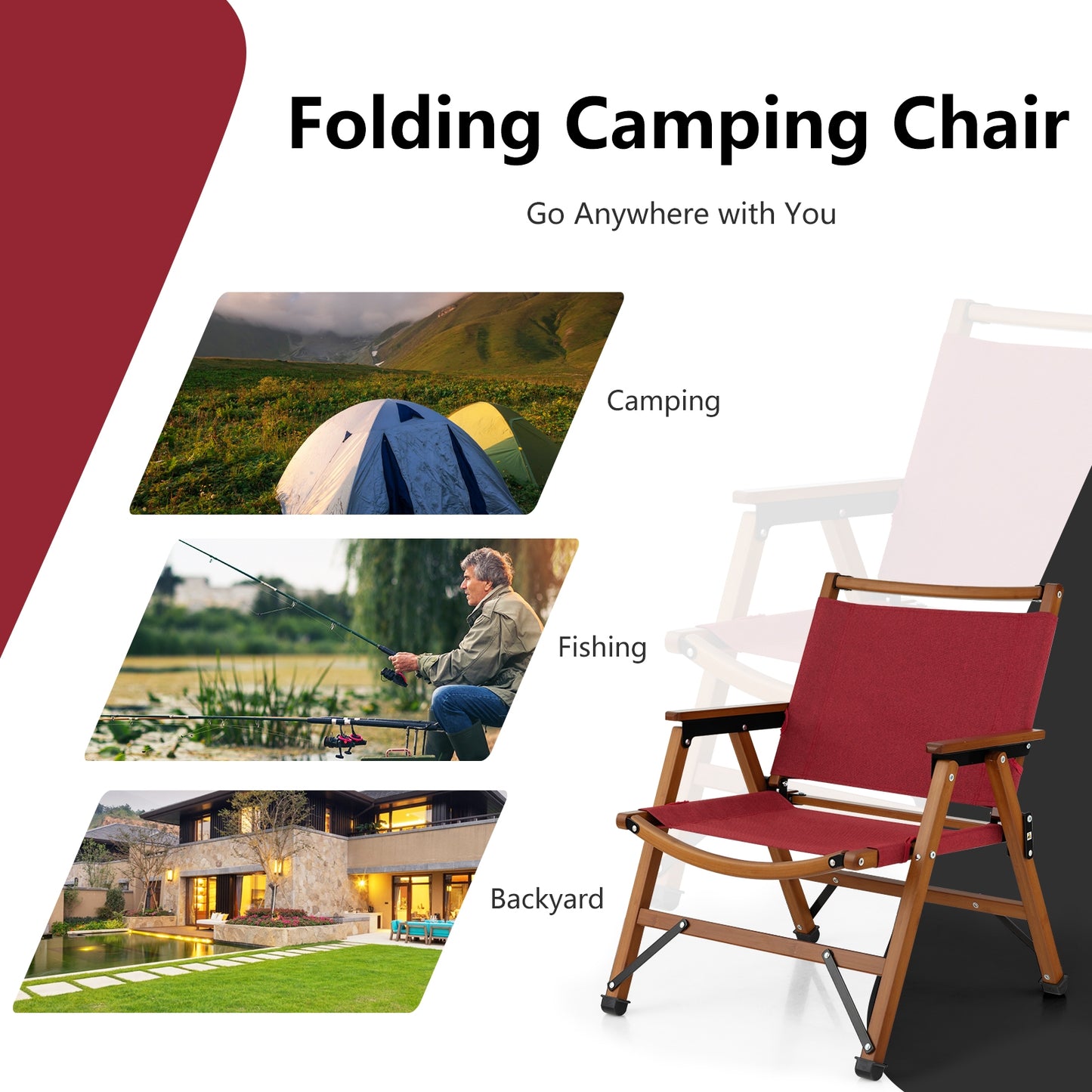 2 Patio Folding Beach Chair, Solid Bamboo Frame, Red Camping Furniture at Gallery Canada