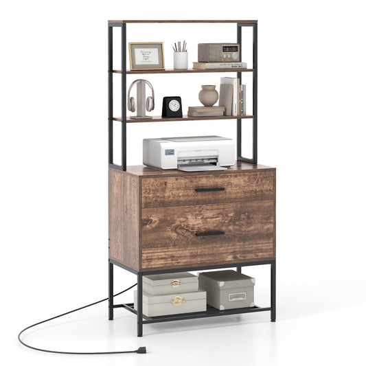 Freestanding File Cabinet, Charging Station, 3-Tier Shelves, Rustic Brown
