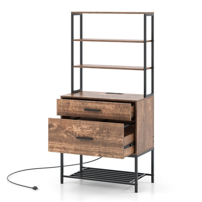 Freestanding File Cabinet with Charging Station and 3-Tier Open Shelves, Rustic Brown