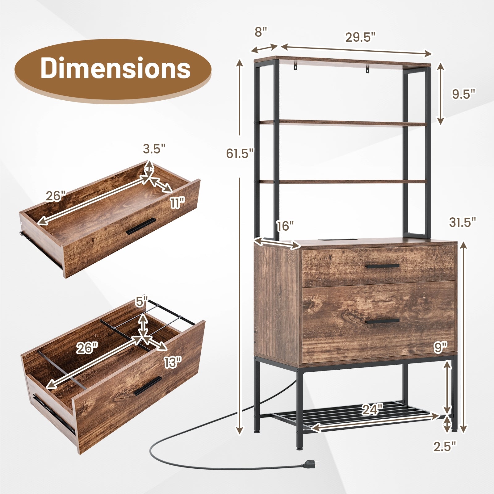 Freestanding File Cabinet with Charging Station and 3-Tier Open Shelves, Rustic Brown Cat Trees Condos & Scratchers at Gallery Canada