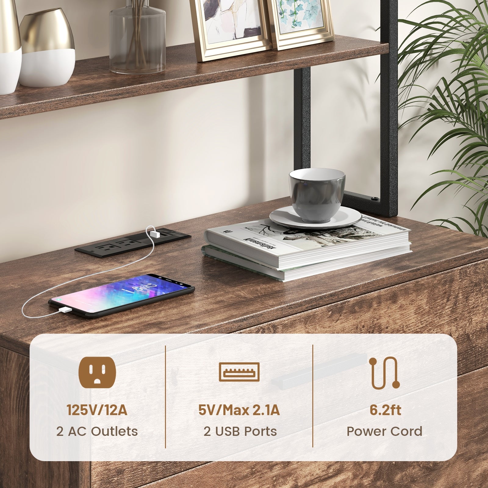 Freestanding File Cabinet with Charging Station and 3-Tier Open Shelves, Rustic Brown Cat Trees Condos & Scratchers at Gallery Canada