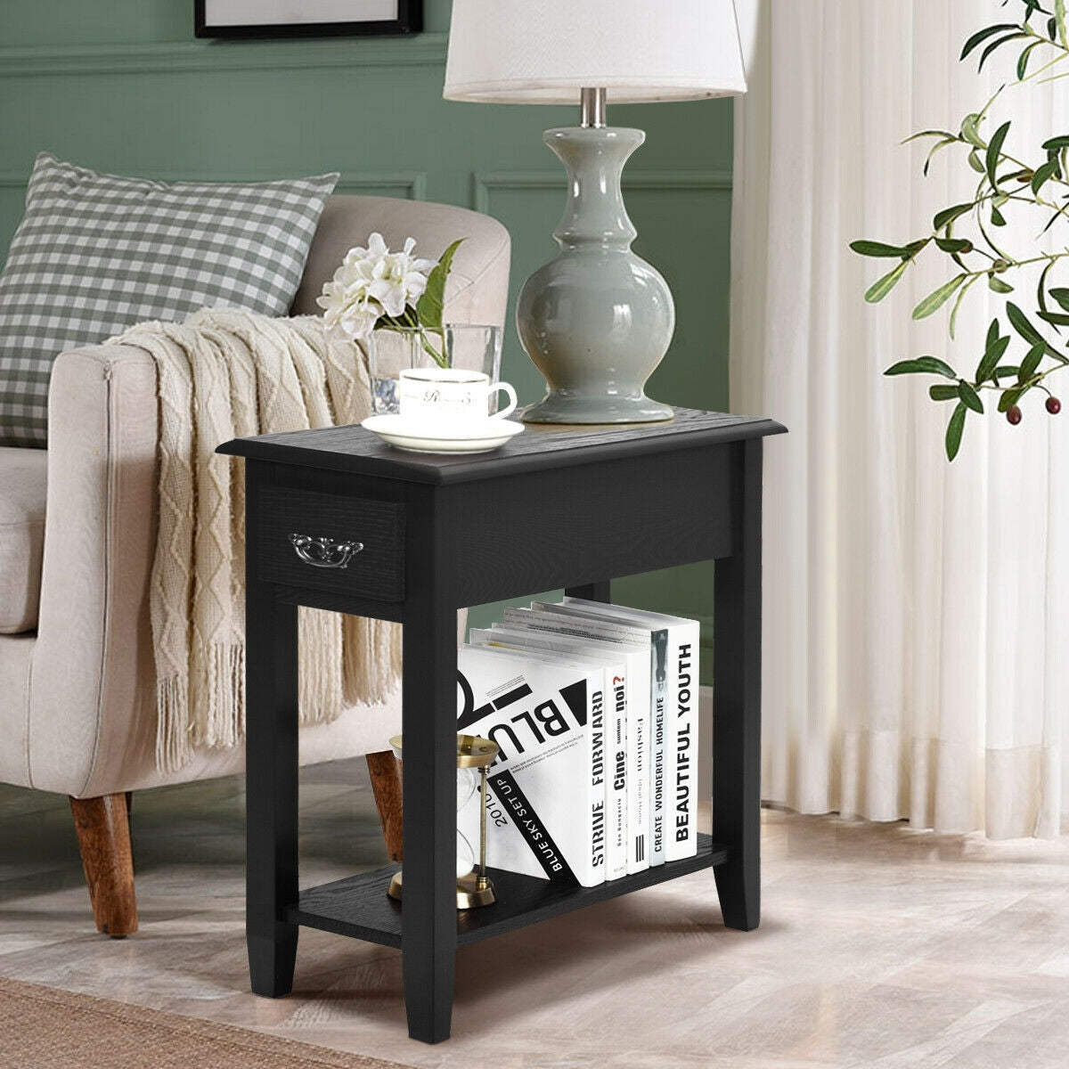 2 Tier End Bedside Sofa Side Table Narrow Nightstand, Black End & Side Tables at Gallery Canada