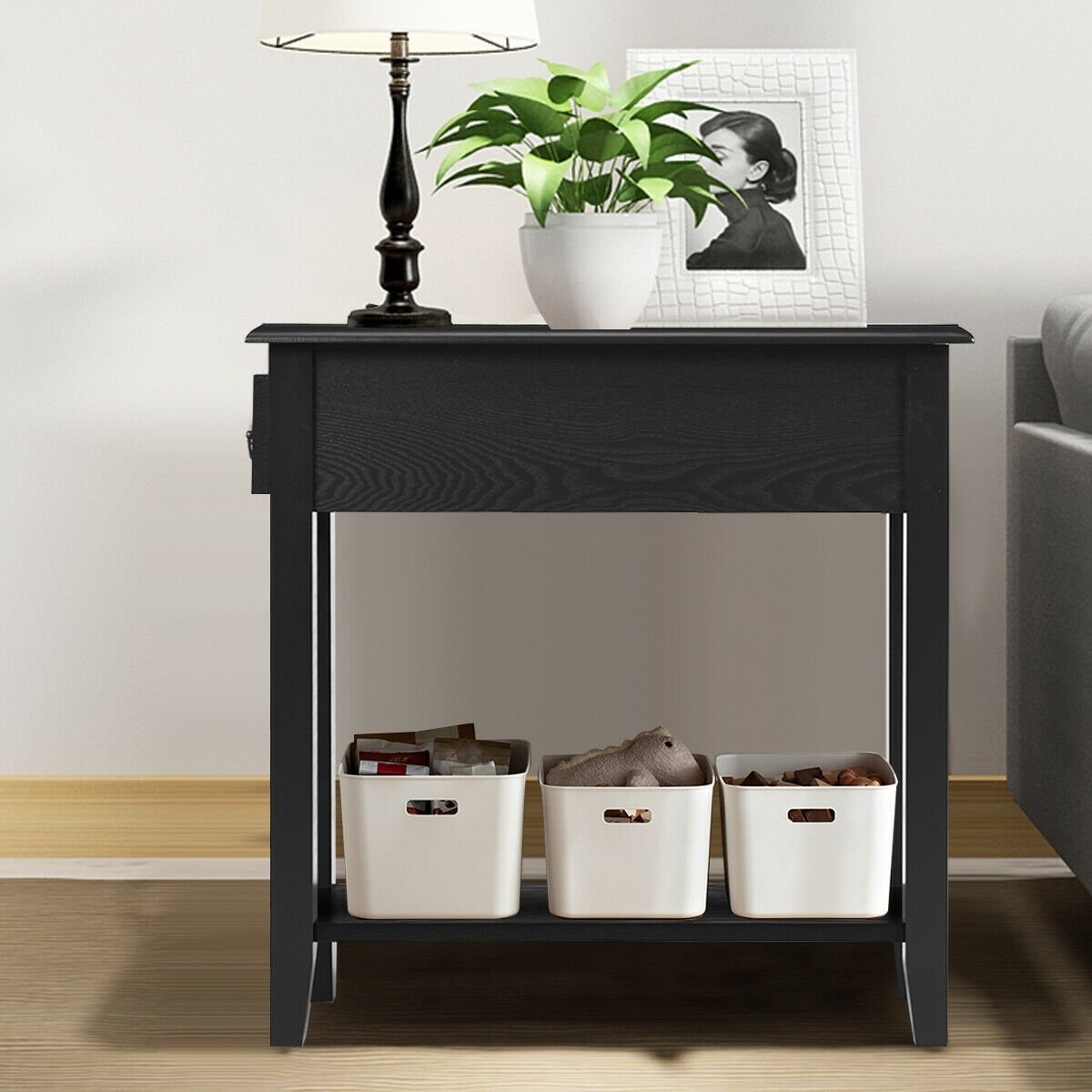 2 Tier End Bedside Sofa Side Table Narrow Nightstand, Black End & Side Tables at Gallery Canada
