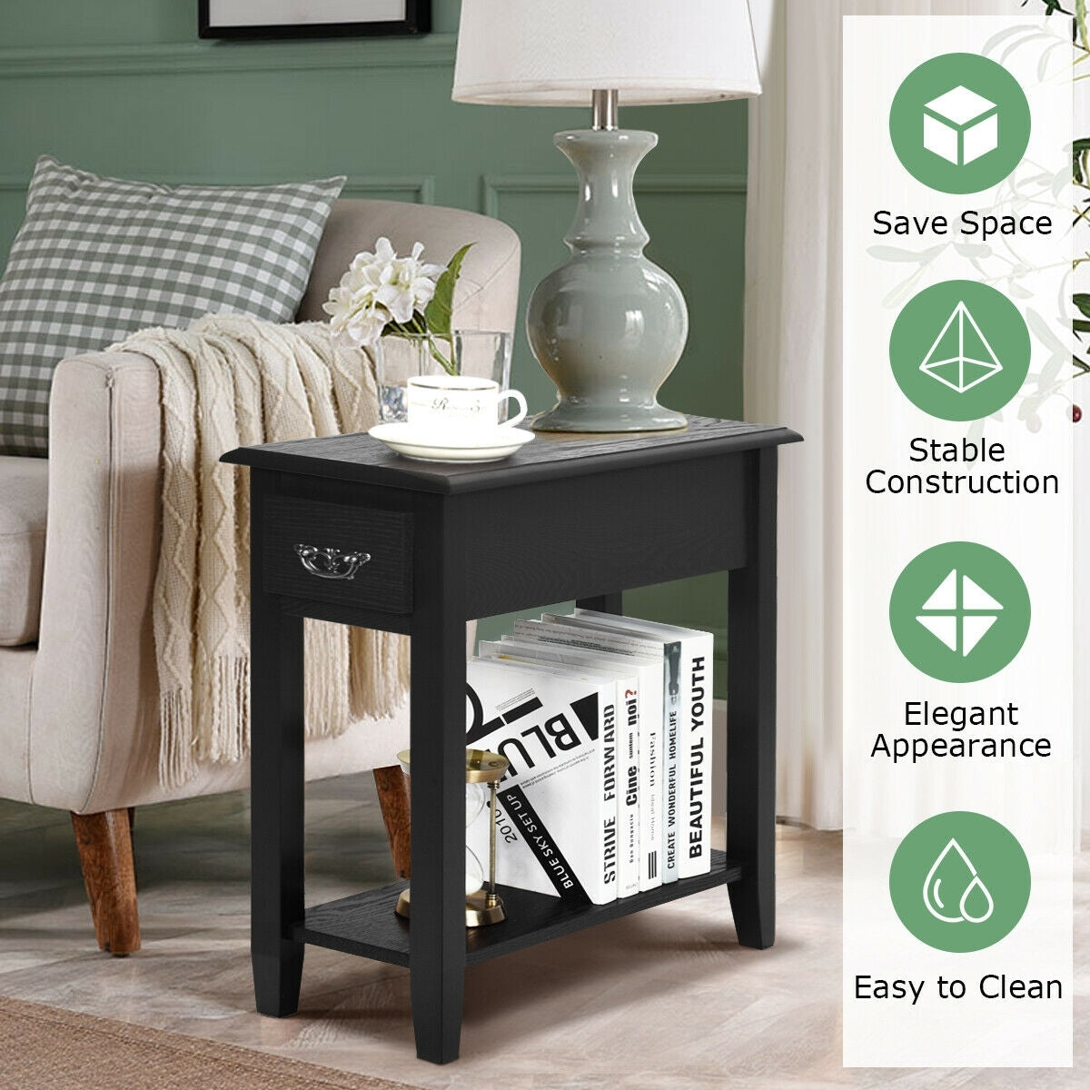 2 Tier End Bedside Sofa Side Table Narrow Nightstand, Black End & Side Tables at Gallery Canada