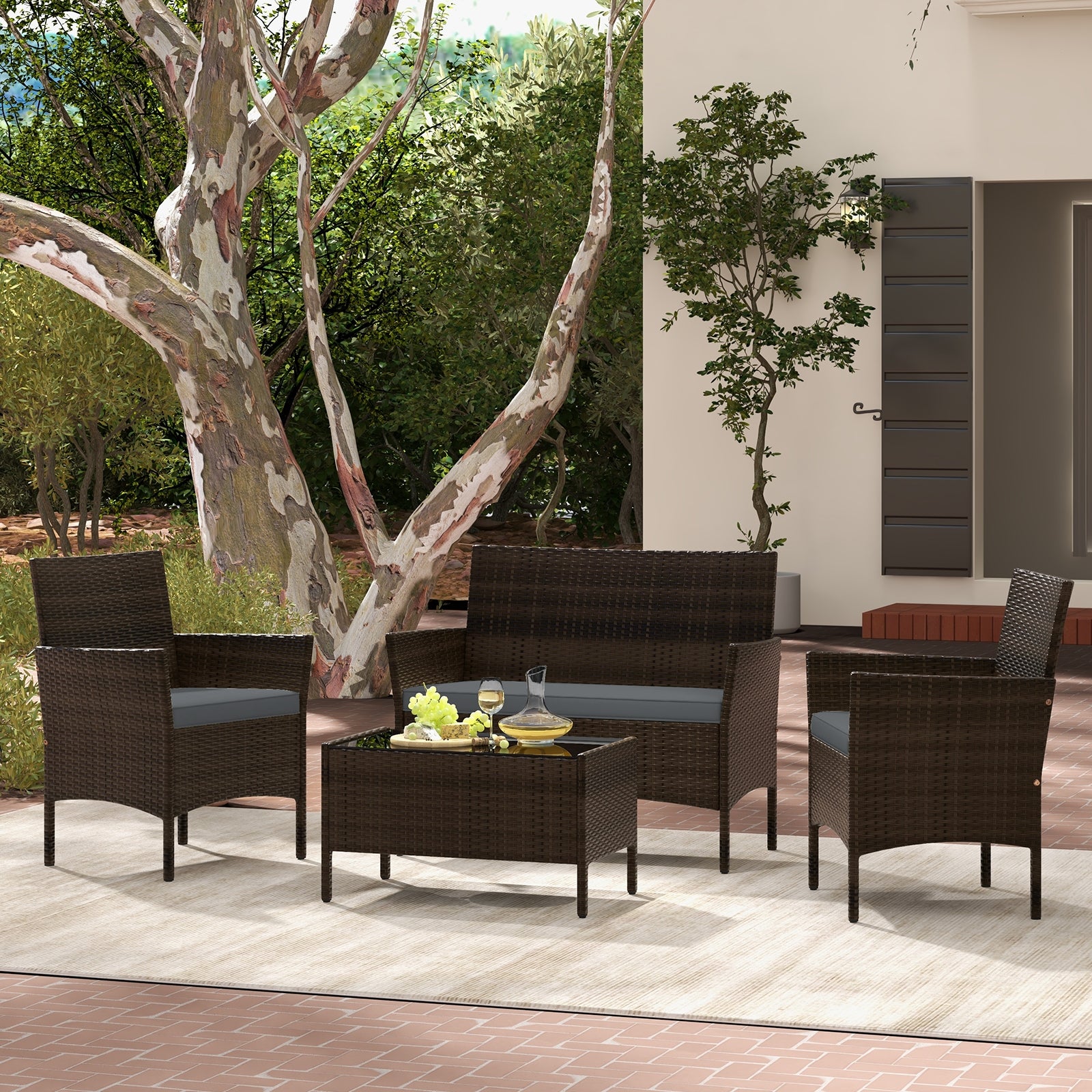 4 Piece Patio Rattan Conversation Set with Cozy Seat Cushions, Gray Patio Conversation Sets at Gallery Canada