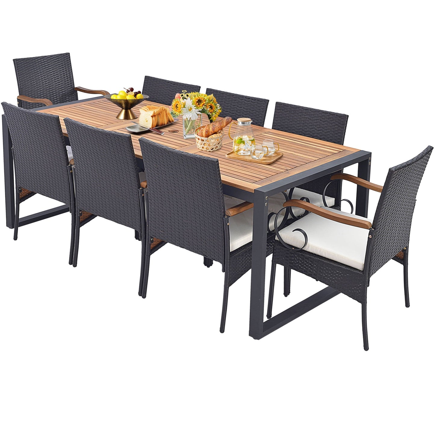 9 Pieces Patio Rattan Dining Set with Acacia Wood Table for Backyard Garden-Curved Handrail, Brown Patio Furniture Sets at Gallery Canada