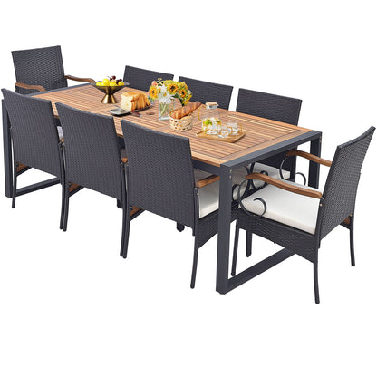 9 Pieces Patio Rattan Dining Set with Acacia Wood Table for Backyard Garden-Curved Handrail, Brown Patio Furniture Sets at Gallery Canada
