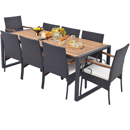 9 Pieces Patio Rattan Dining Set with Acacia Wood Table for Backyard Garden-Curved Handrail, Brown Patio Furniture Sets Mix Brown, Off White at Gallery Canada