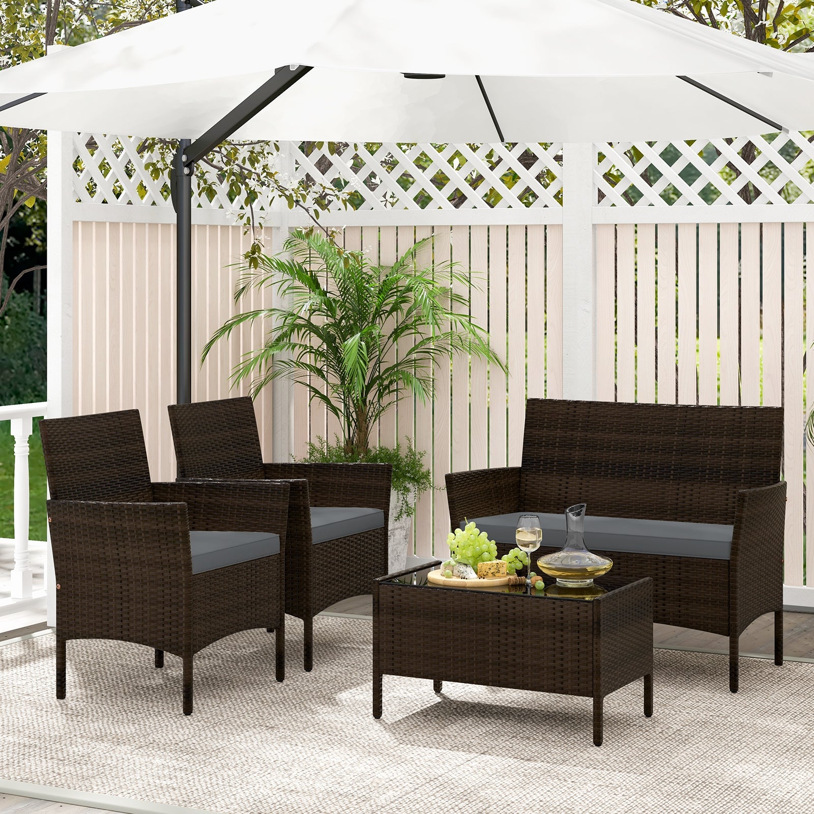 4 Piece Patio Rattan Conversation Set with Cozy Seat Cushions, Gray Patio Conversation Sets at Gallery Canada