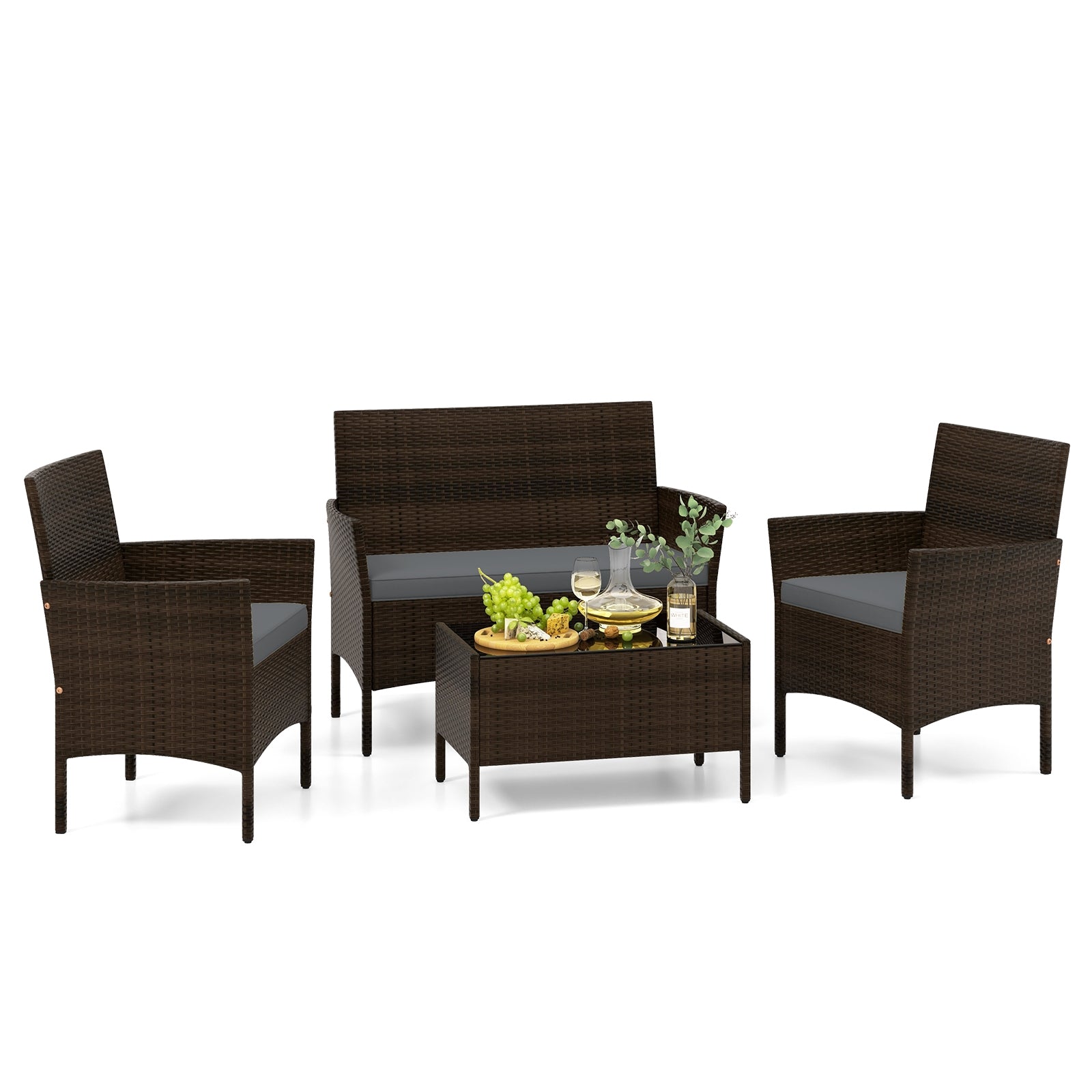 4 Piece Patio Rattan Conversation Set with Cozy Seat Cushions, Gray Patio Conversation Sets at Gallery Canada