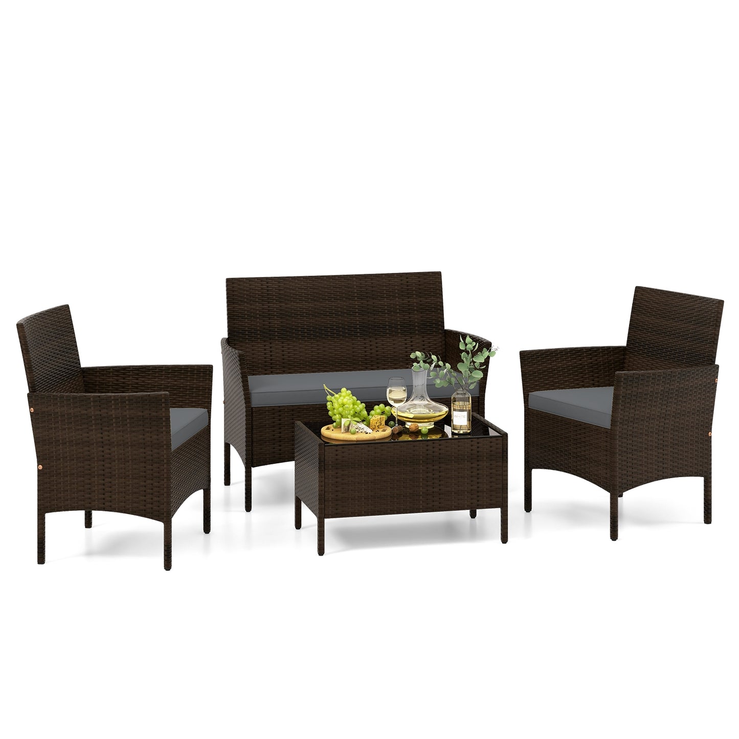 4 Piece Patio Rattan Conversation Set with Cozy Seat Cushions, Gray Patio Conversation Sets at Gallery Canada