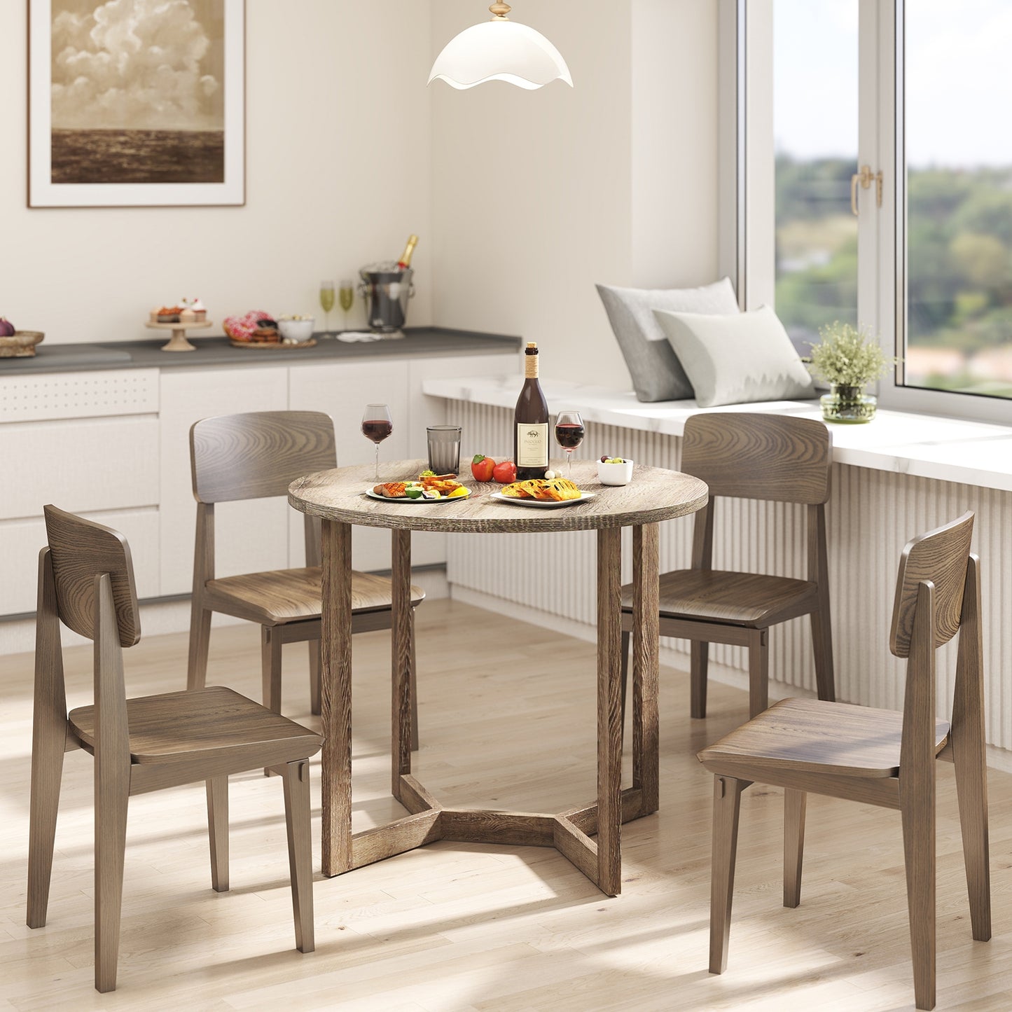 36 Inch Round Wood Dining Table for 2-4 People with Wing-shaped Pedestal Base-Grey, Gray Dining Tables at Gallery Canada