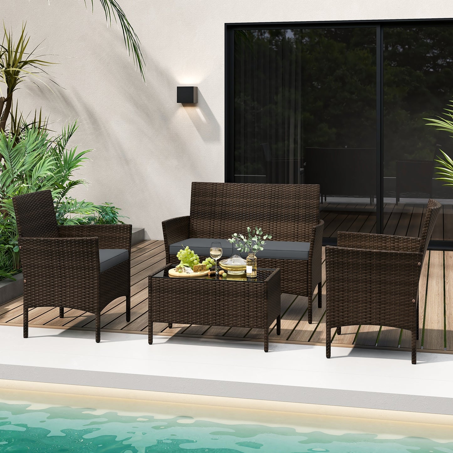 4 Piece Patio Rattan Conversation Set with Cozy Seat Cushions, Gray Patio Conversation Sets at Gallery Canada