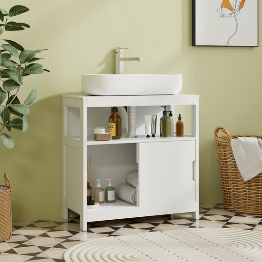 Pedestal Sink Storage Cabinet with 2 Sliding Doors and U-shaped Cut-out, White - Gallery Canada