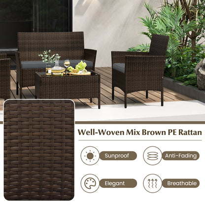 4 Piece Patio Rattan Conversation Set with Cozy Seat Cushions, Gray Patio Conversation Sets at Gallery Canada