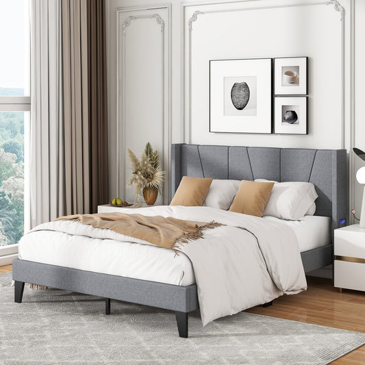 Full/Queen Size Bed Frame with Wingback Headboard and Wood Slat Support-Queen Size, Gray - Gallery Canada
