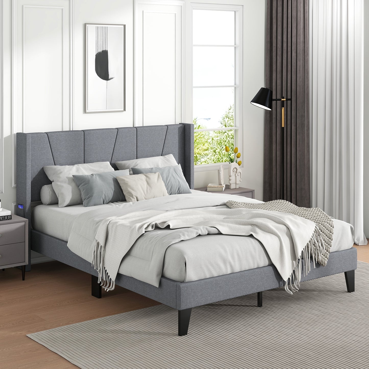 Full/Queen Size Bed Frame with Wingback Headboard and Wood Slat Support-Queen Size, Gray Simple Bed Frame at Gallery Canada