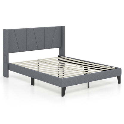 Queen Size Bed Frame With Wingback Headboard, Wood Slat Support, Gray Simple Bed Frame Gray at Gallery Canada
