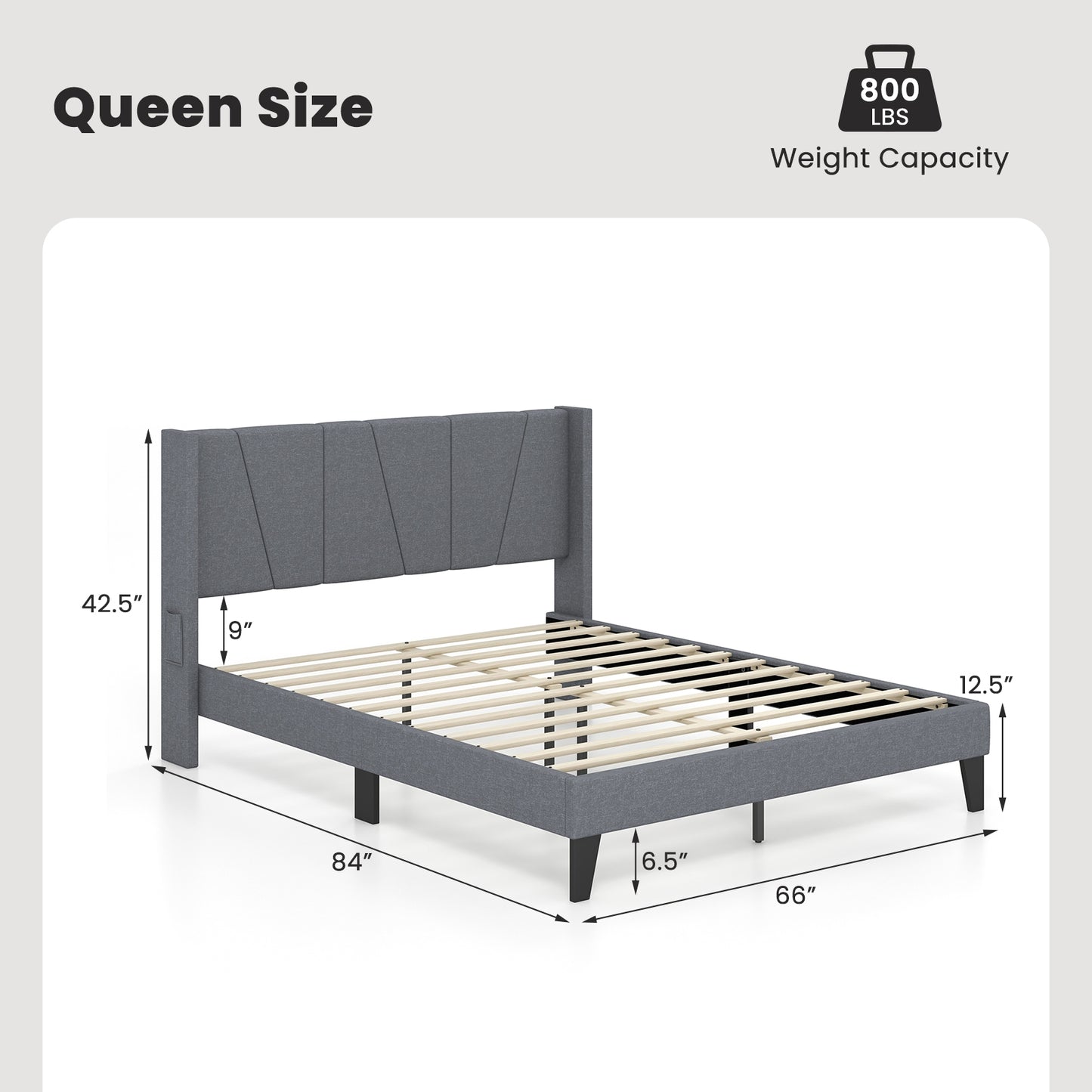 Full/Queen Size Bed Frame with Wingback Headboard and Wood Slat Support-Queen Size, Gray Simple Bed Frame at Gallery Canada