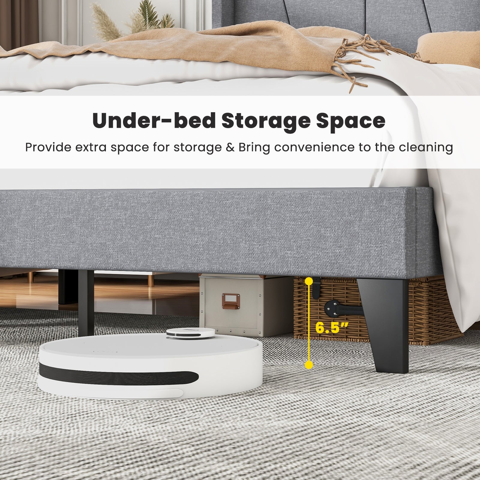 Full/Queen Size Bed Frame with Wingback Headboard and Wood Slat Support-Queen Size, Gray Simple Bed Frame at Gallery Canada