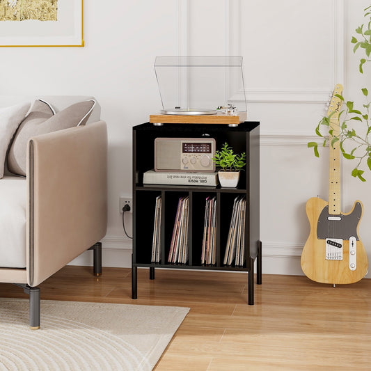 Record Player Stand with Record Storage Shelf and Charging Station, Black - Gallery Canada