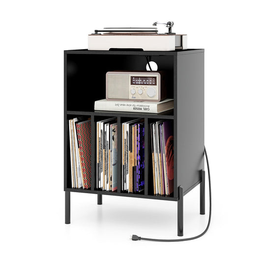 Record Player Stand with Record Storage Shelf and Charging Station, Black - Gallery Canada