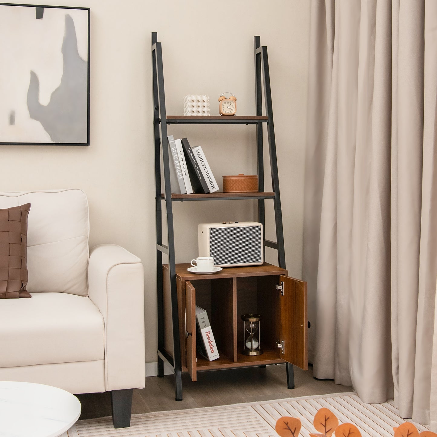 4-Tier Ladder Shelf with Cabinet and Metal Frame, Rustic Brown Bookcases at Gallery Canada