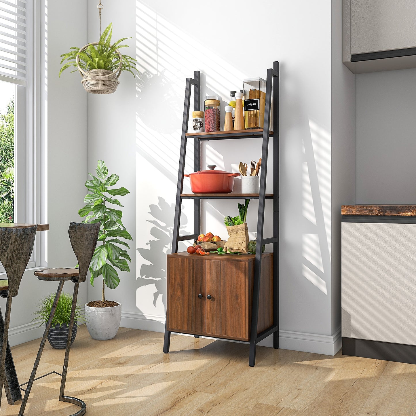 4-Tier Ladder Shelf with Cabinet and Metal Frame, Rustic Brown Bookcases at Gallery Canada