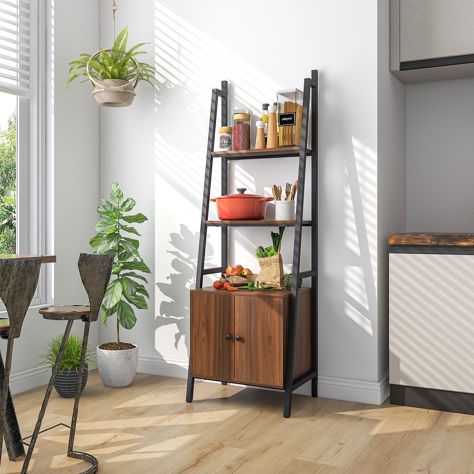 4-Tier Ladder Shelf with Cabinet and Metal Frame, Rustic Brown Bookcases at Gallery Canada