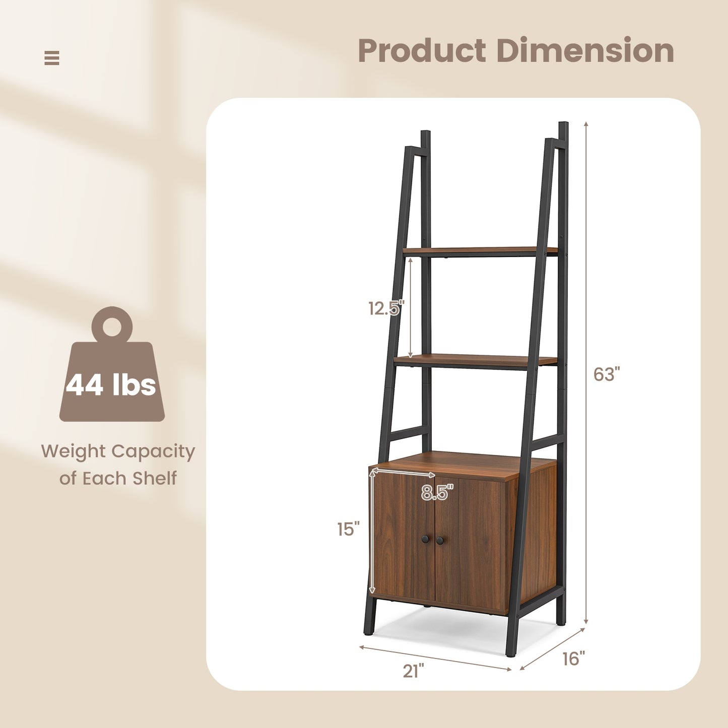 4-Tier Ladder Shelf with Cabinet and Metal Frame, Rustic Brown Bookcases at Gallery Canada