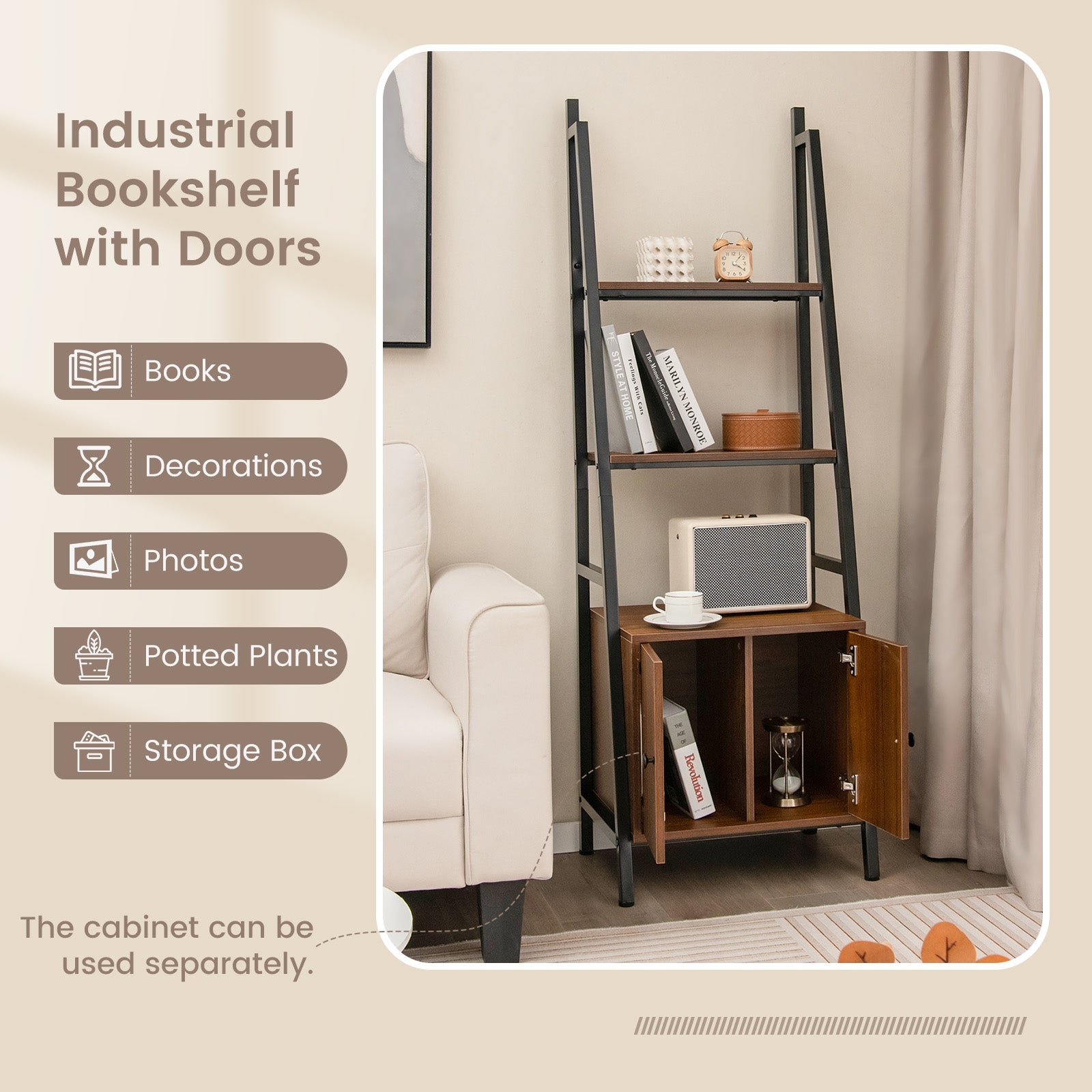 4-Tier Ladder Shelf with Cabinet and Metal Frame, Rustic Brown Bookcases at Gallery Canada