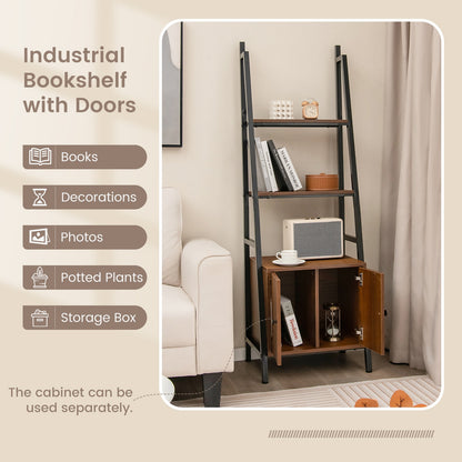 4-Tier Ladder Shelf with Cabinet and Metal Frame, Rustic Brown Bookcases at Gallery Canada