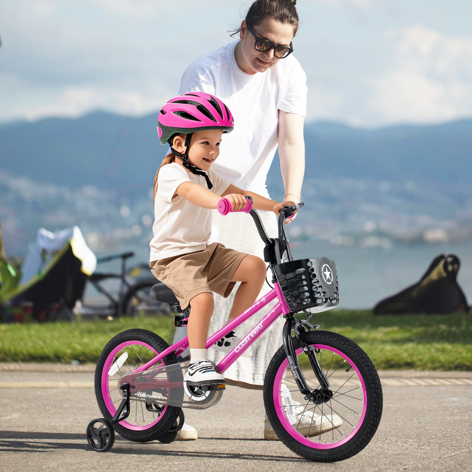 16 Inch Kids Bike Adjustable Bicycle with Front Basket for Children Aged 4-7 Years Old, Pink Kids Bike at Gallery Canada