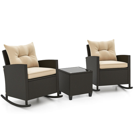3-Piece Patio Rattan Rocker Chairs, Tempered Glass Table, Soft Cushions, Beige Patio Conversation Sets Beige at Gallery Canada