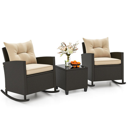 Patio Rattan Roker Chairs with Tempered Glass Table and Soft Cushions for Backyard  Poolside Porch, Beige