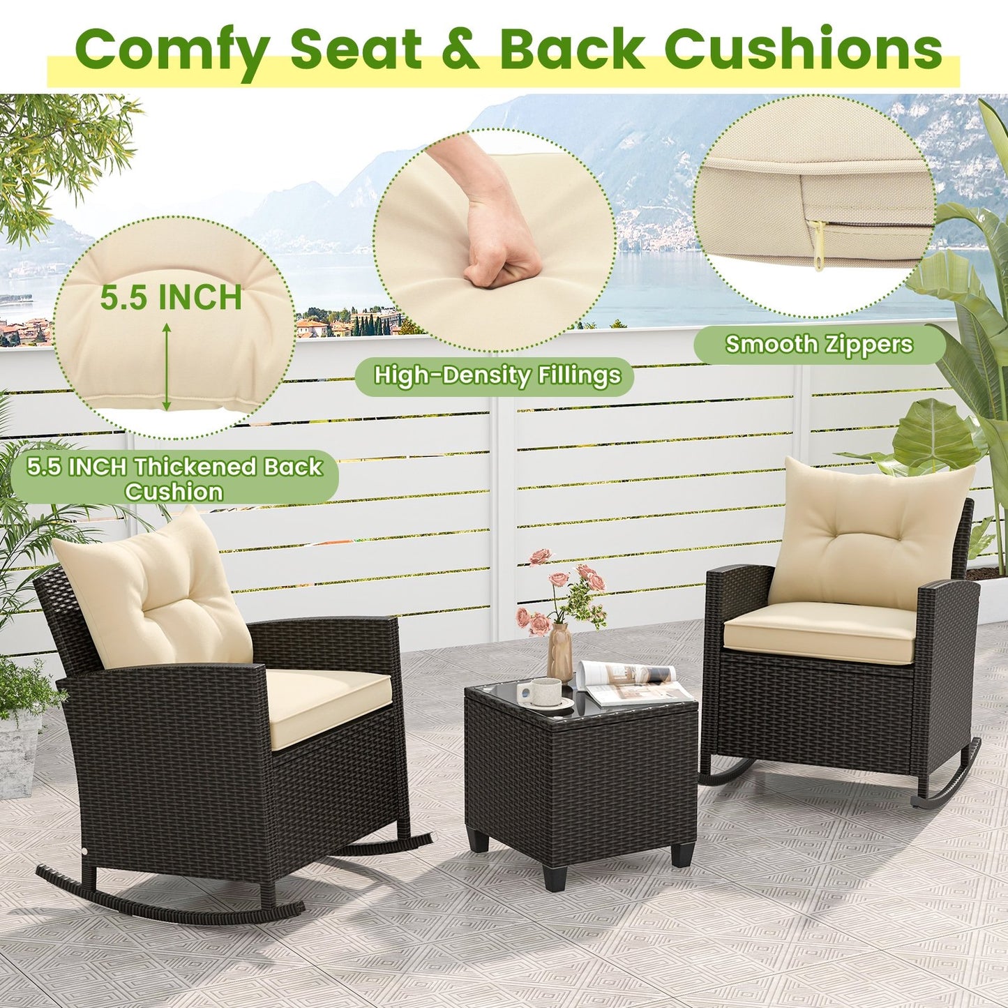Patio Rattan Roker Chairs with Tempered Glass Table and Soft Cushions for Backyard  Poolside Porch, Beige