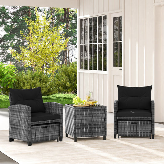 5 Piece Patio Rattan Furniture with 2 Ottomans and Tempered Glass Coffee Table, Black - Gallery Canada