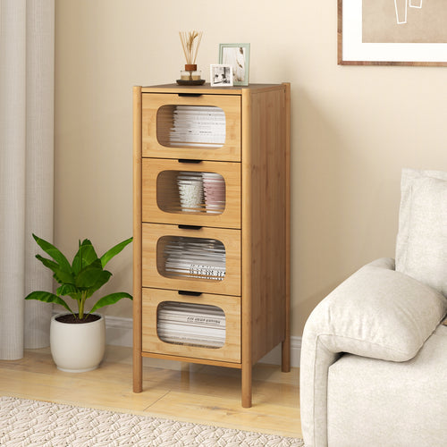 4-Drawer Dresser Bamboo Storage Cabinet with Fluted Tempered Glass Drawers, Natural