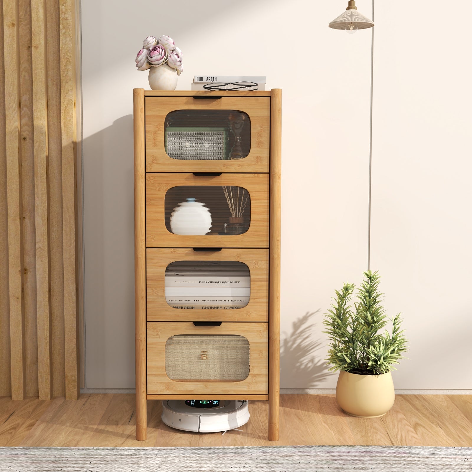 4-Drawer Dresser Bamboo Storage Cabinet with Fluted Tempered Glass Drawers, Natural Cabinets & Chests at Gallery Canada