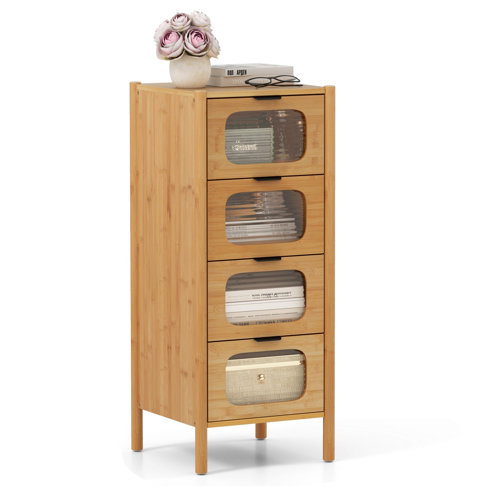 4-Drawer Dresser Bamboo Storage Cabinet with Fluted Tempered Glass Drawers, Natural Cabinets & Chests at Gallery Canada