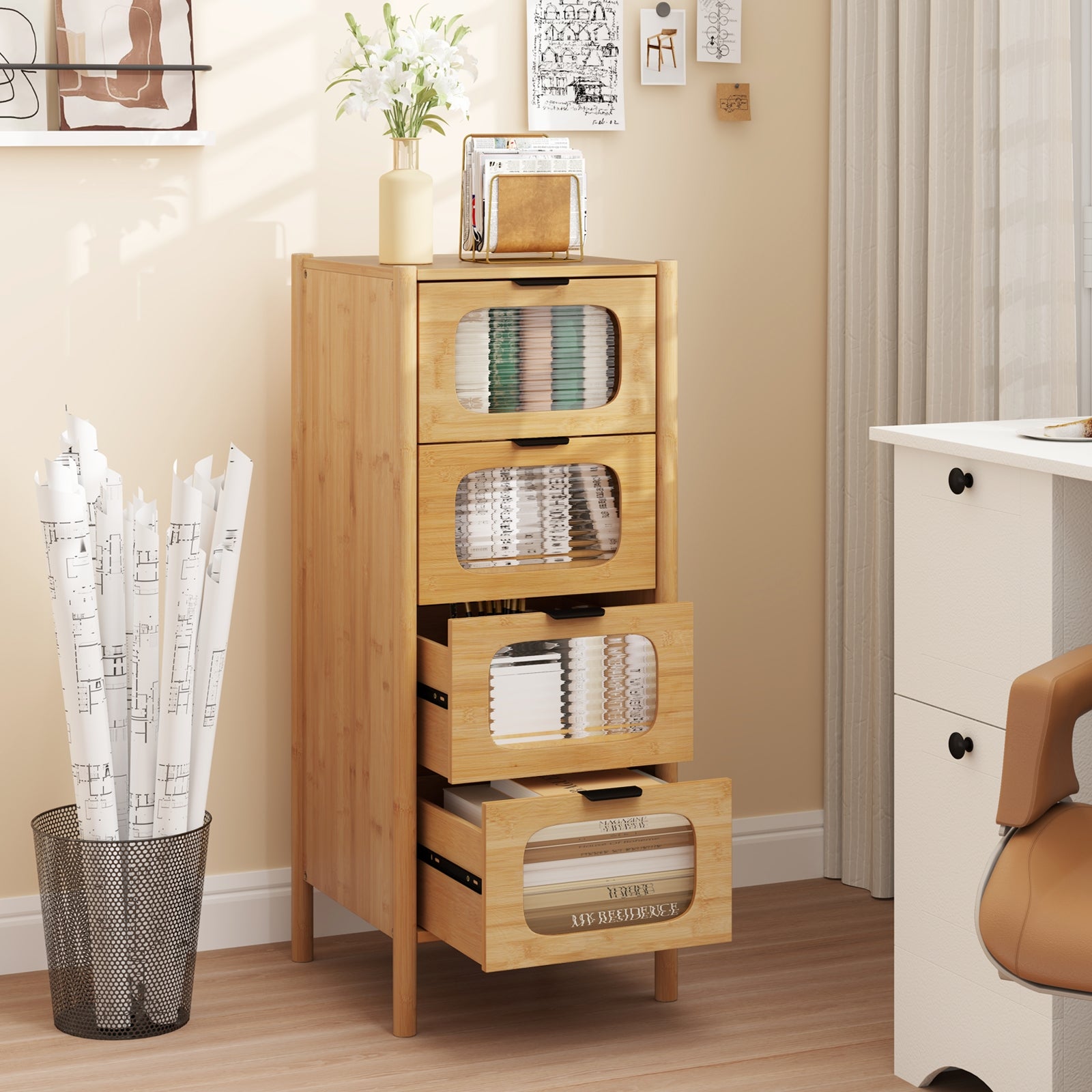 4-Drawer Dresser Bamboo Storage Cabinet with Fluted Tempered Glass Drawers, Natural Cabinets & Chests at Gallery Canada